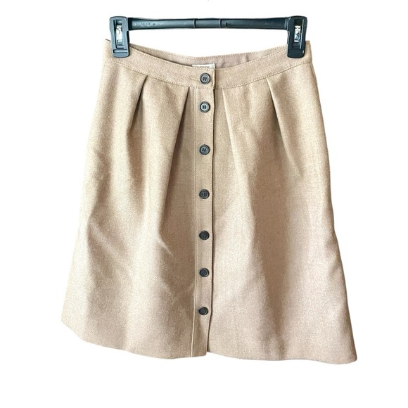 J. Crew 100% wool button front pleated knee length lined a-line skirt SZ 0 tan - Picture 1 of 10